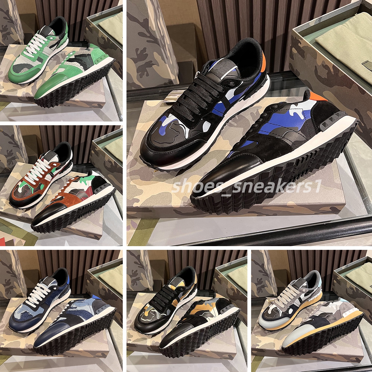 Designer Rockrunner Camouflage Men Casual Sneakers genuine leather Rivet Trainers outdoors Breathable sneakers military triple black white Running Shoes