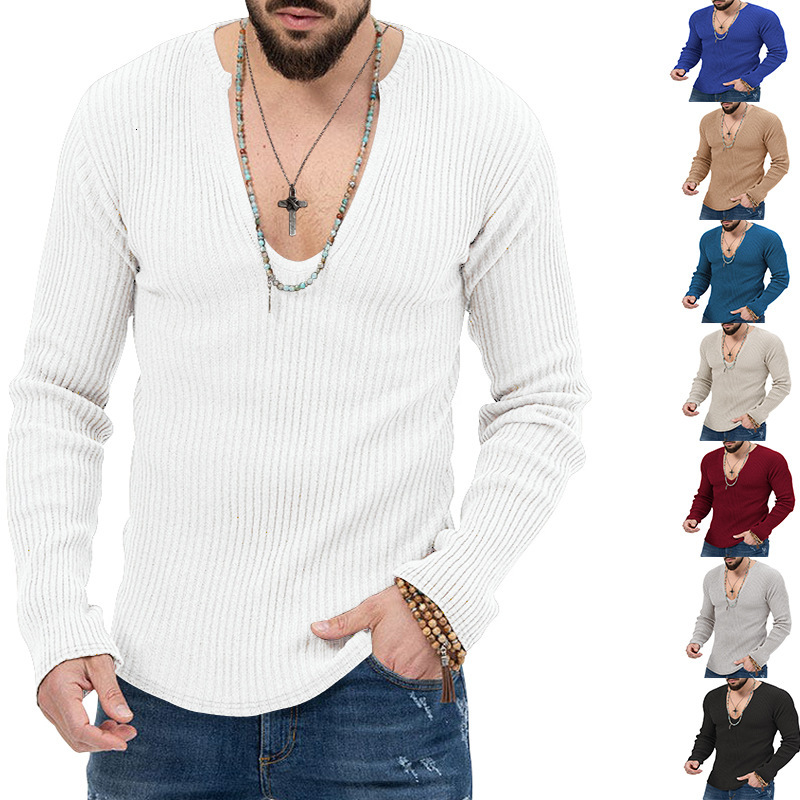 Men's clothing 2025 autumn and winter new sweater knitted solid color slim fit V-neck men's long sleeved T-shirt