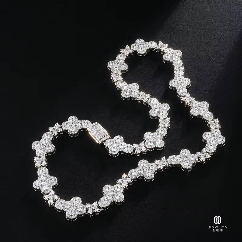 925 Sterling Silver Luxury Fine Jewelry Necklace 10mm Moissanite Cross Link Chain Four Leaf Clover Link Chain