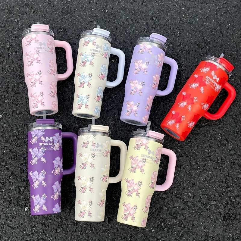1pc 900ml Floral Print Stainless Steel Vacuum Insulated Tumbler with Straw Ice Cold Retention CupBirthday Gift for Women C251114
