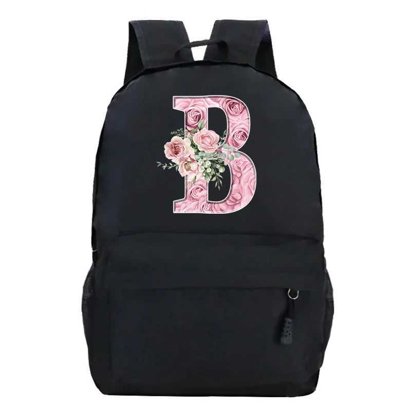 Pink Rose Alphabet Backpack Black Casual Women Aesthetics Rucksack Teenage Girl Boy Flower Letter School Bag Student MochilasW251113