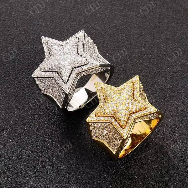 925 Sterling Silver VVS Moissanite Diamonds Custom Super Iced Out Square Hip Hop 3D Star Pinky Party Wear Ring for Mens Jewelry