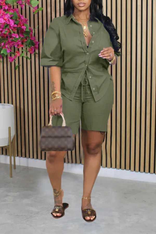 Summer casual solid color shirt and shorts two-piece set womens fashionable shorts Sve top womens top 2025 blackXJ250414