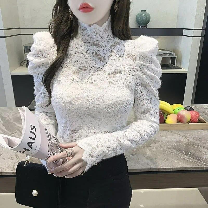 Women's Blouses 2025 Autumn Turtleneck Lace Blouse French Style Inner Wear Bubble Sleeves Temperament Long Sleeve Slim Fit Top