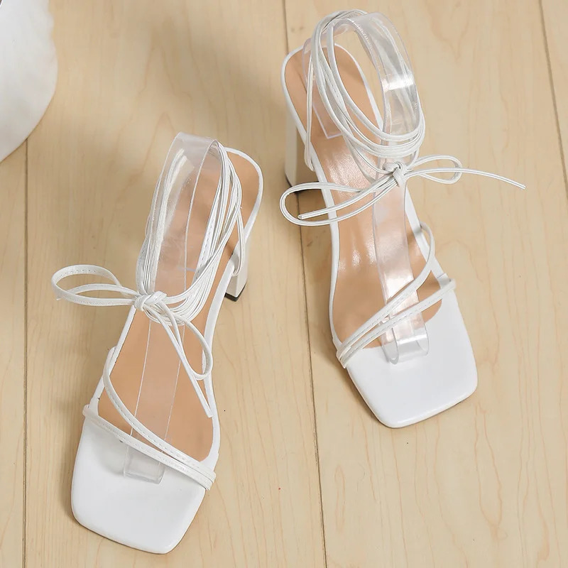 Large size summer high-heeled sandals with open heel and cross lace womens beach sandals fashionable square womens shoes 250411