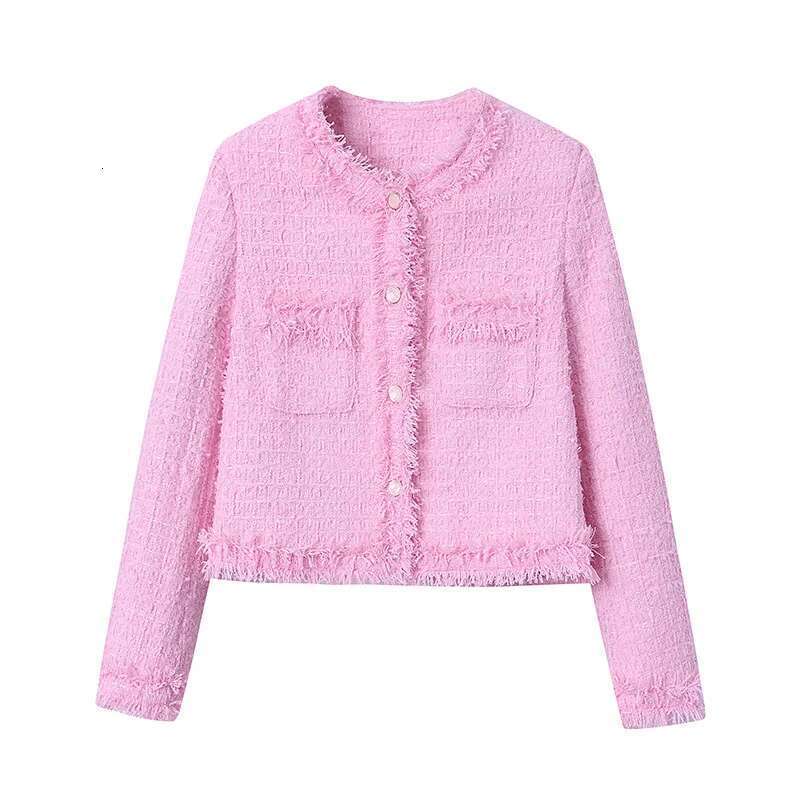 Designer Clothes Pink Fringe Fur Shoulder Pad Tweed Jacket Blazer Boucle Crop Coat For Women 2023 Spring