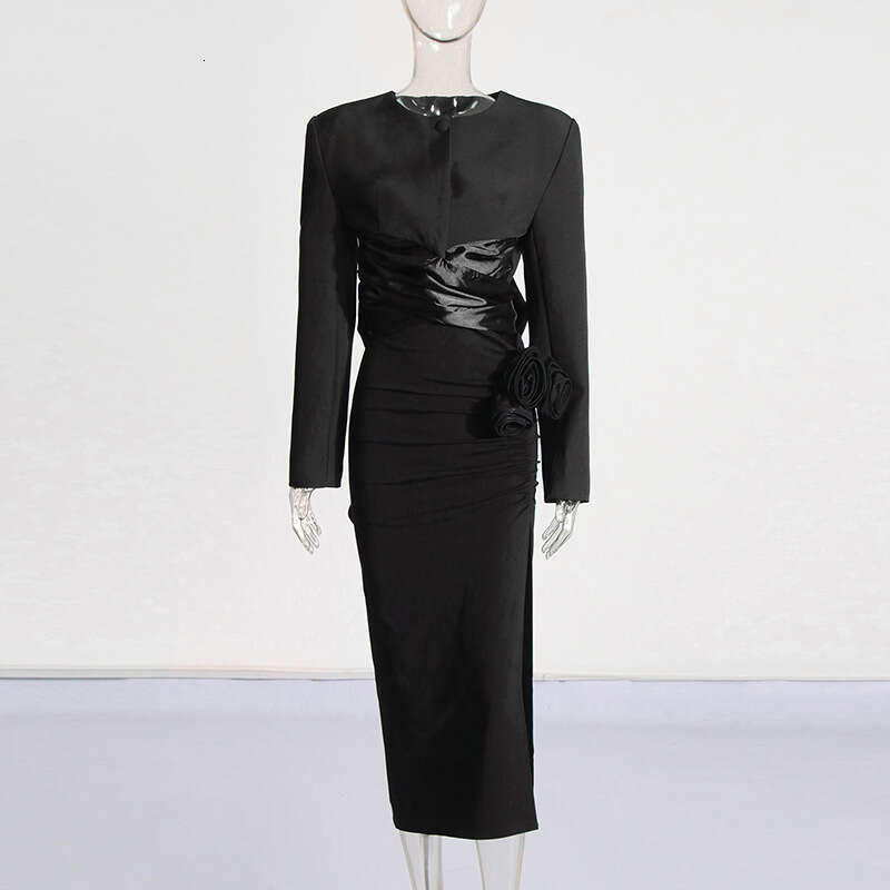 Designer Chic Women's Ensemble - Stylish Round Neck Lace Up Shirt Paired with a Trendy High Waist Split Skirt