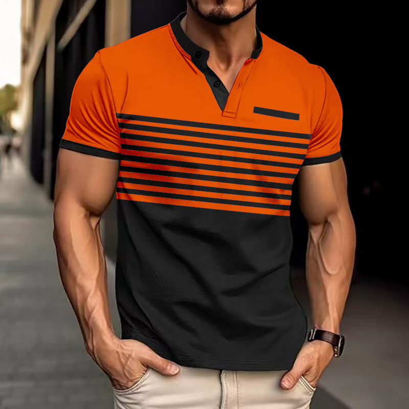 Summer Men's Casual POLO Shirt V-neck Striped Button Flip Collar Short Sleeve 2025 Top for Men