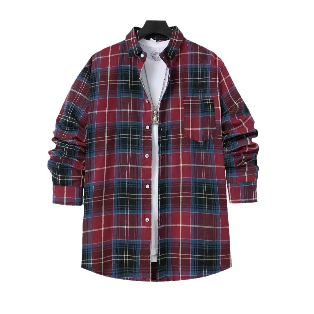 2025 new fashionable men's brushed thin plaid long sleeved light mature casual shirt