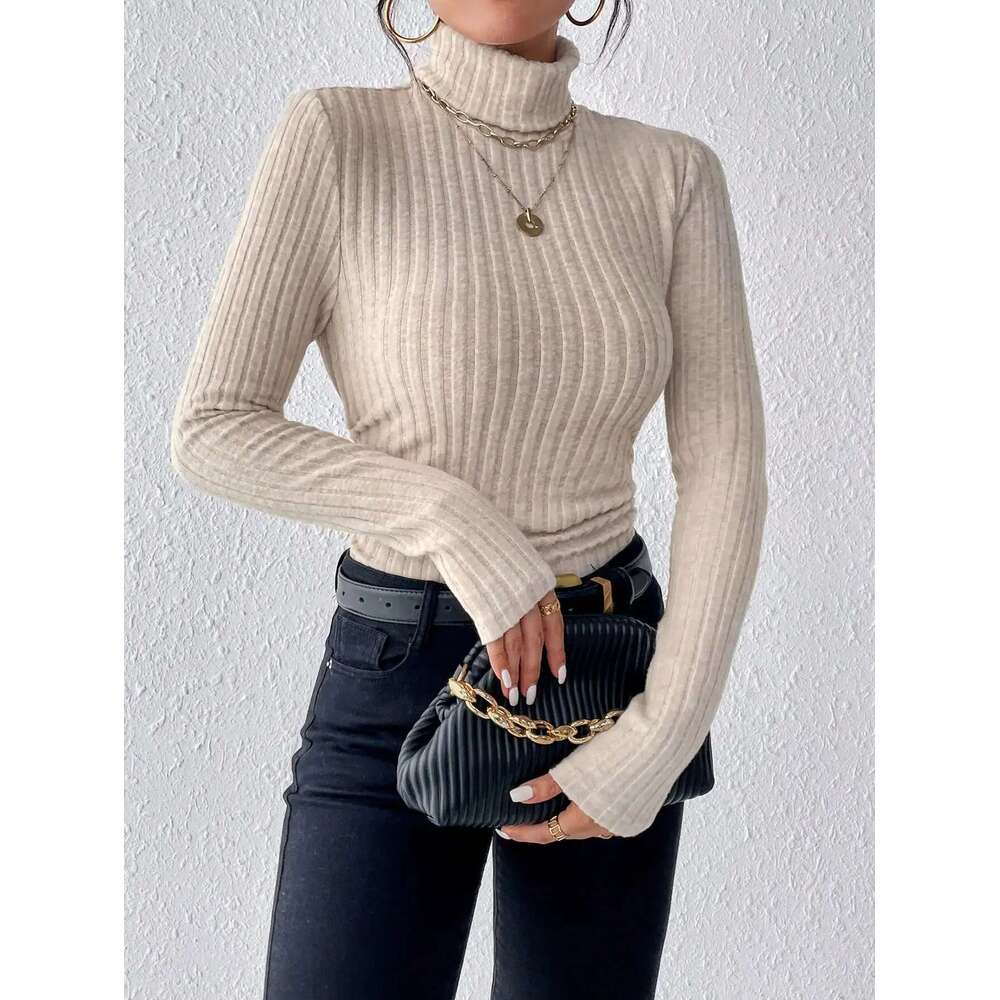 Autumn and Winter Sexy Texture Pit Stripe Slim Knit Long Sleeve t-shirt New High Neck Casual Women's Tops