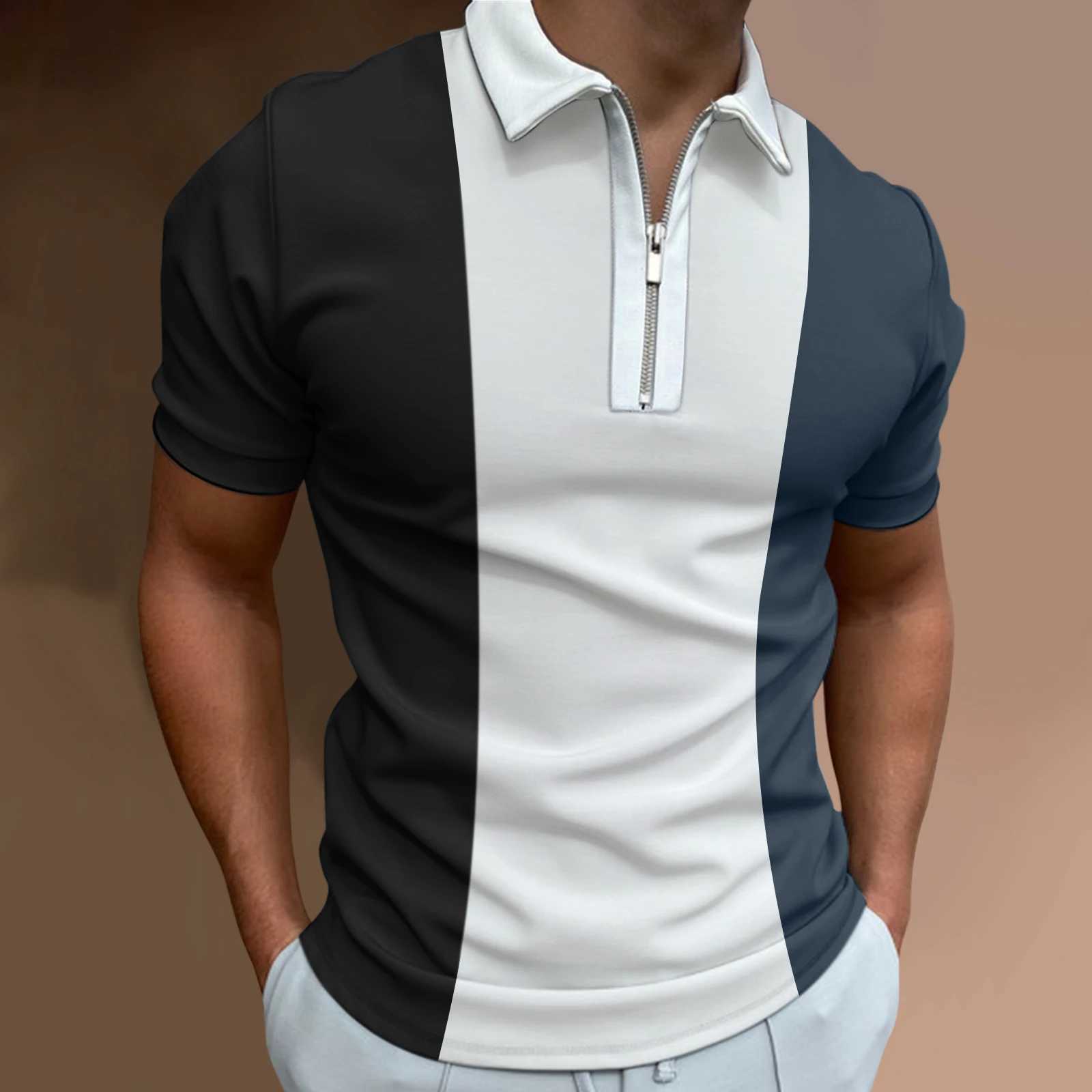 Mens solid color striped polo shirt short sleeved golf lapel zipper polo shirt and mens casual streetwear summer top W250414