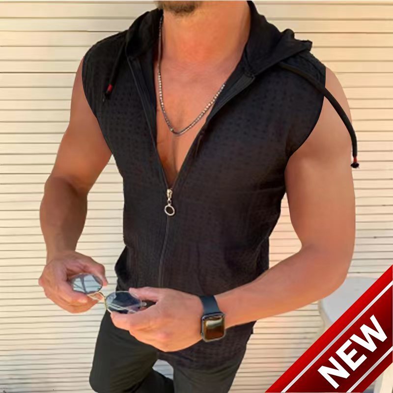 Sleeveless hooded zipper cardigan T-shirt for men cool summer 2024 new fashionable plaid sleeveless T-shirt for men mens collar