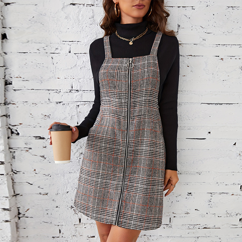 Womens 2025 Spring/Summer Dress Checkered Strap Skirt Zipper cardigan A-line Skirt