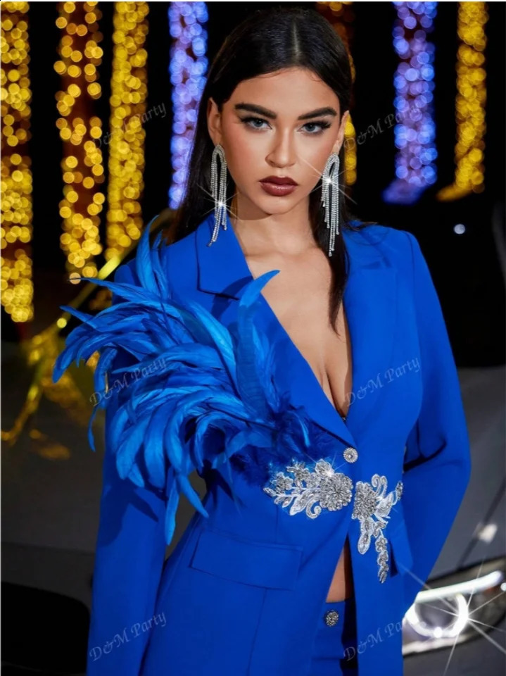 D M Office Set Jacket Womens Fashion Ultra Thin Feather Decorative Long Sleeve Set Womens Formal Set Casual Jacket 250410