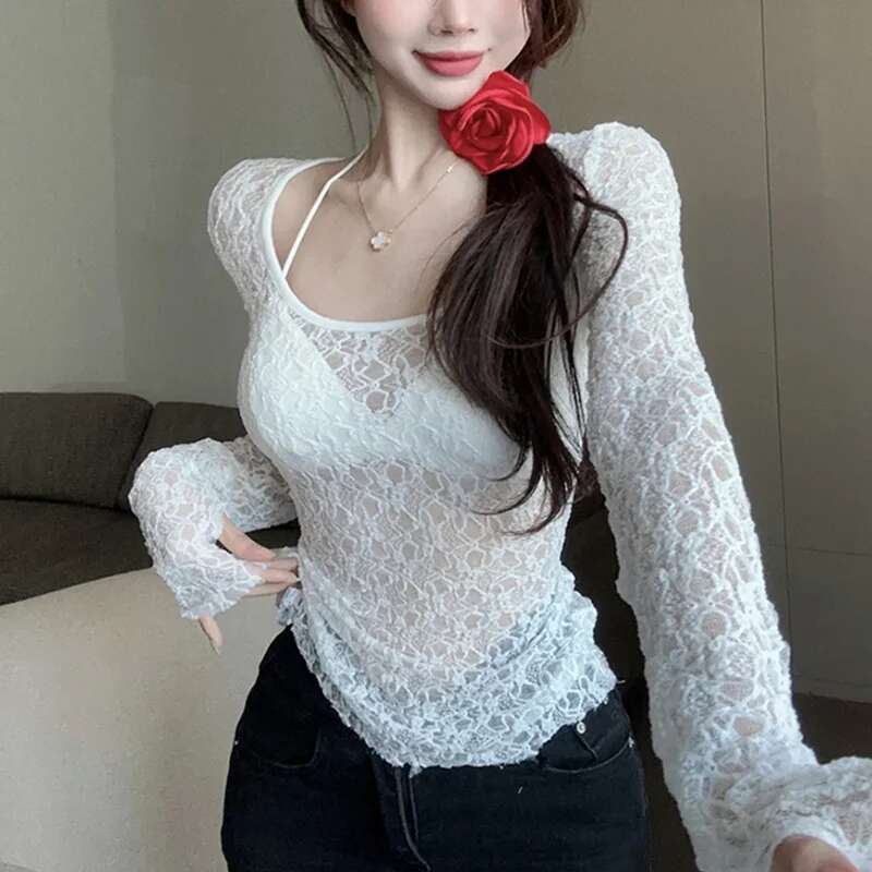 qing y2k Coquette Top Women Clothing See Through Round Neck Long Sleeve Lace T Shirts 2000s Fairycore Clothes Streetwear