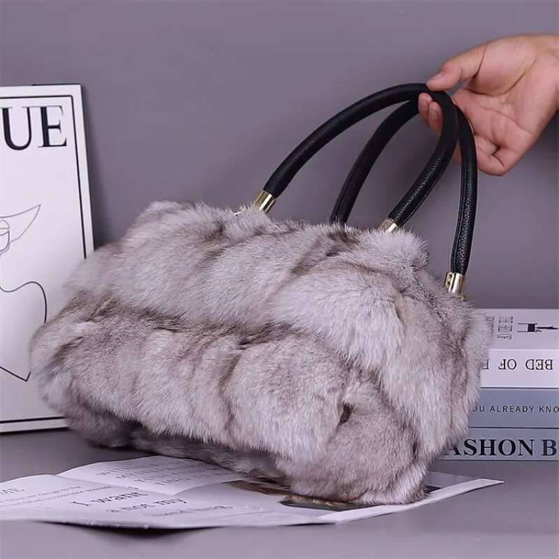 Ms.Minshu-Natural Bag For Women, Lady's Shoulder Bag, Girls' Wallet, Geometric Fox Fur Handbag, Winter
