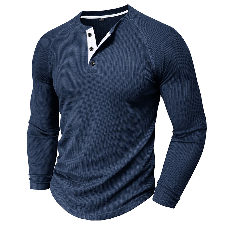 Mens Waffle Henley collar pullover long sleeved T-shirt solid color texture base shirt