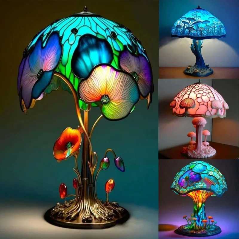 Stained Plant Series s Resin Colorful Bedroom Bedside Flower Mushroom Retro Table Night Lamp Atmosphere Light M251114