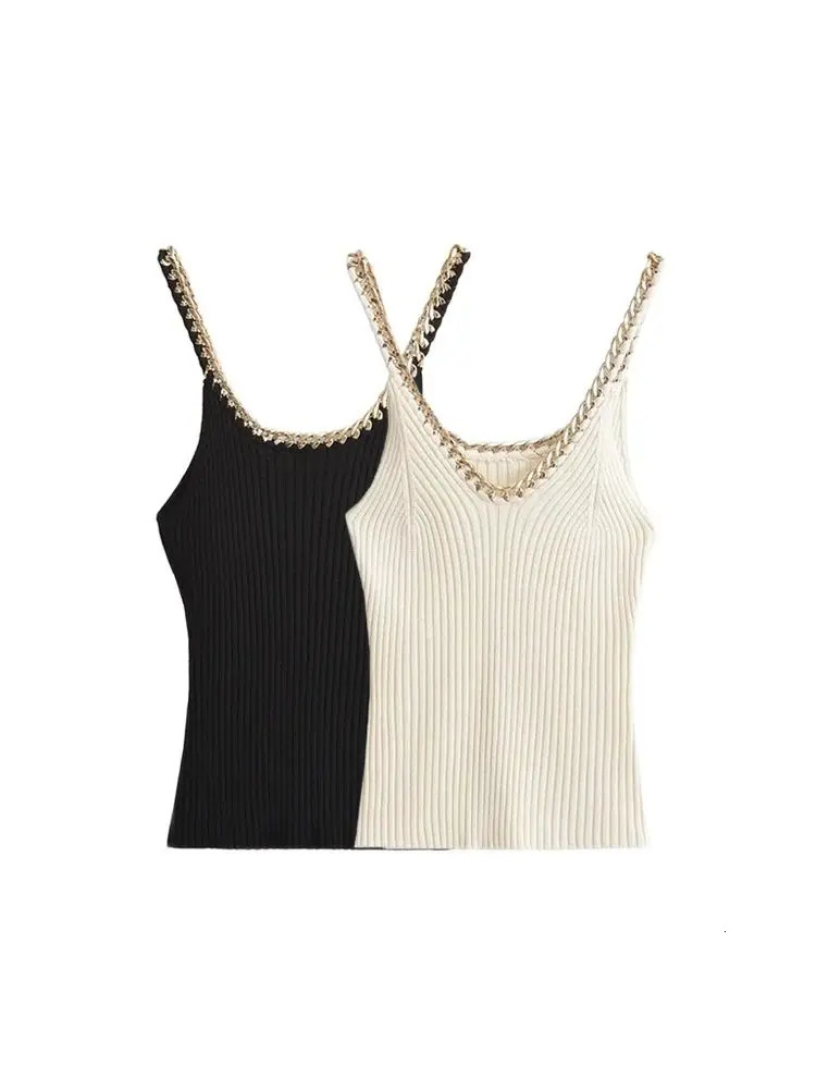 TRZA Ribbed Knitted Tank Top with Chain Vneck Thin Belt Womens Camis Sexy and Fashionable 250414