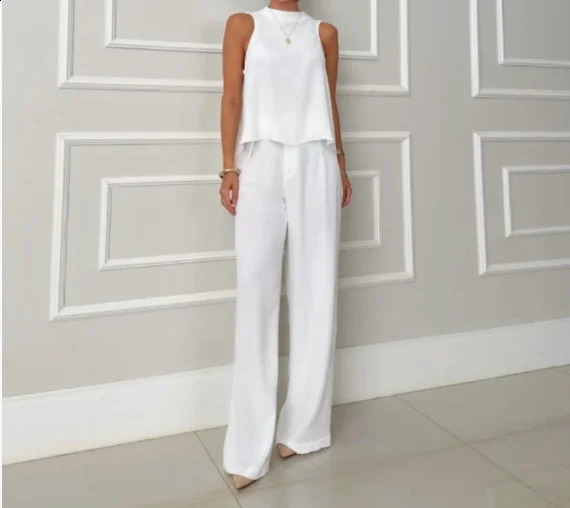 Elegant womens solid color two-piece summer loose sleeveless top high waisted wide leg pants Urban casual womens pants set 250414