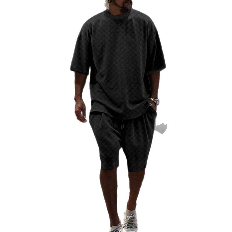 2025 Summer Towel Grid Jacquard Loose Large Straight Tube Casual Set for Sports Men's Wear