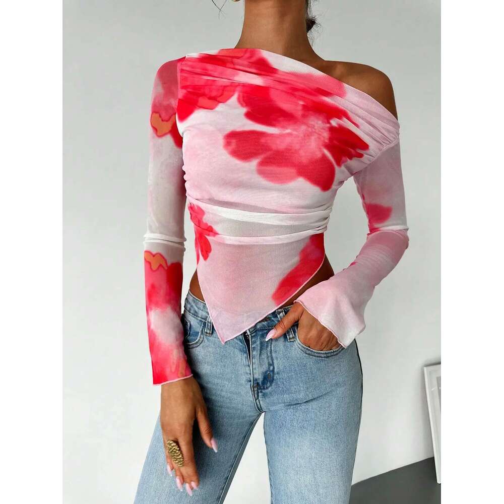 Sweet Spice Personality Style Mesh Print Diagonal Shoulder Long Sleeve Irregular Off-the-shoulder Short Top for Women