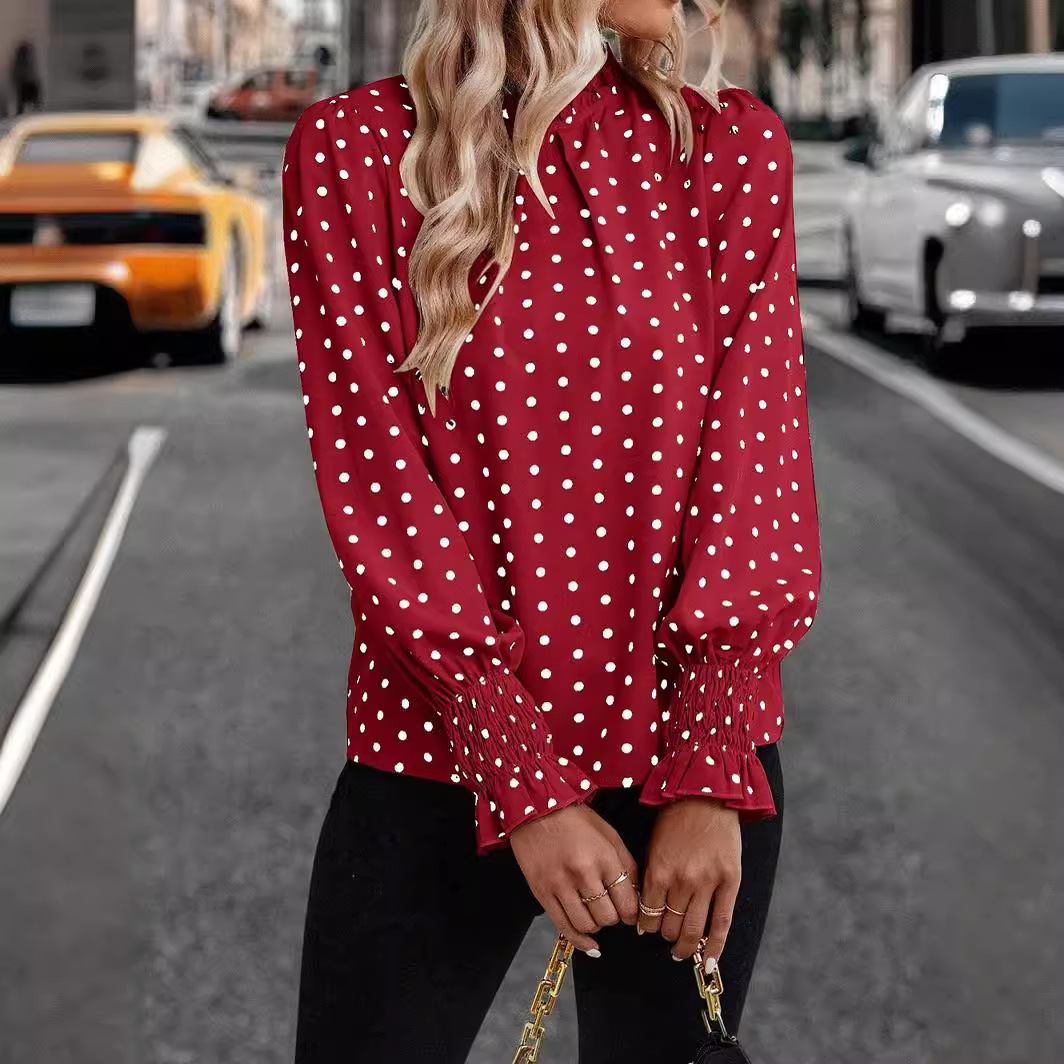 Women's 2025 new Temu ruffled polka dot printed bubble sleeve style women's shirt