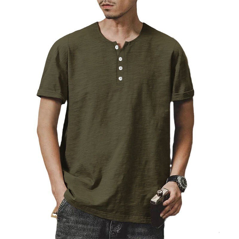 Bamboo cotton summer Henry shirt short sleeved casual American plus size solid color round neck men's T-shirt