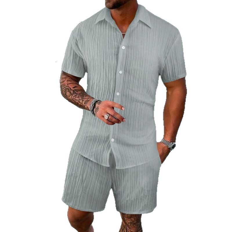 2025 Summer Men's Shirt Casual Loose Short Sleeve Shorts Beach Set