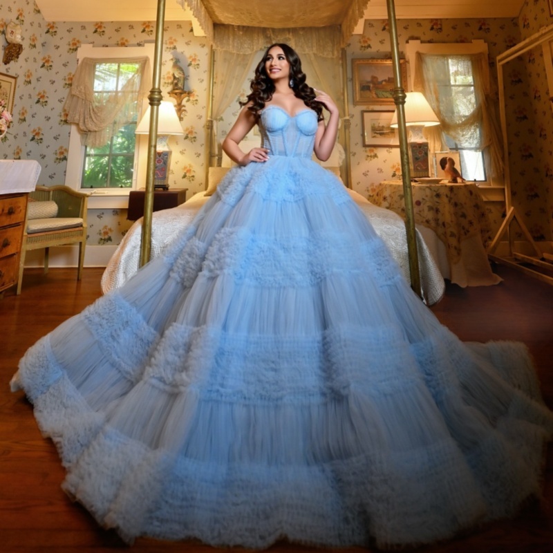 Sky Blue Princess Quinceanera Dresses Off Shoulder Beading Tiered Tull Corset Sweet 16 Dress Ball Gown Vestidos 15 De Anos