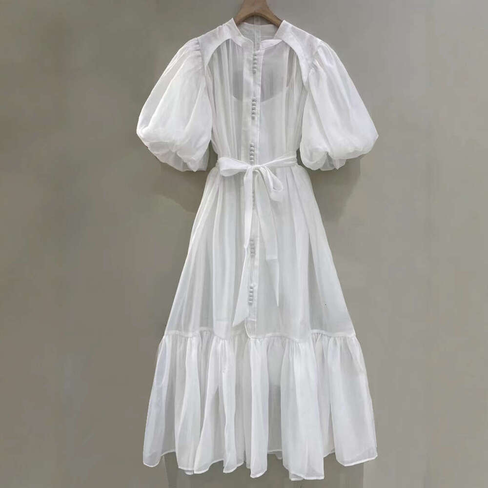 Designer Elegant High-End Ruffled Edge Spring/Summer Long Dress With Bubble Sleeves - Solid Colors Available