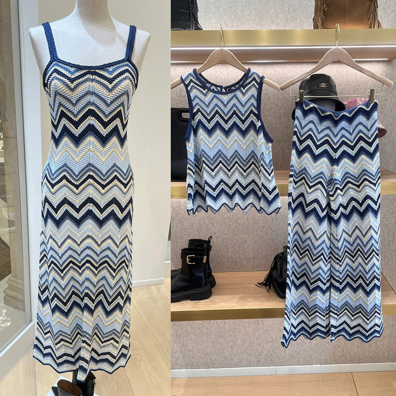 Designer womens dresses maxi dress 2025 New Sleeveless Top+Pants+Strap Contrast Color Geometric Folding Pattern Knitted Sleeveless Set
