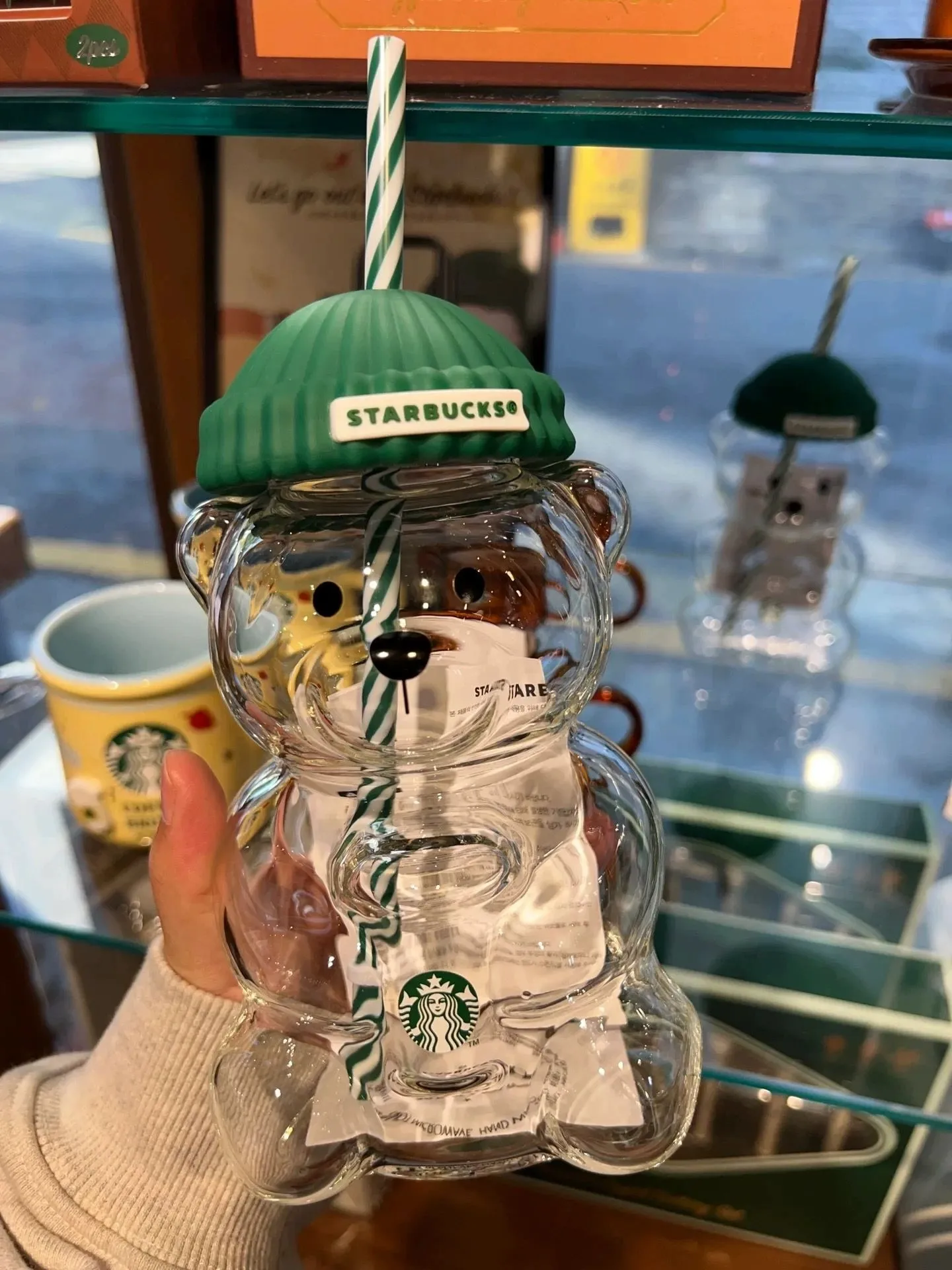 20oz Star bucks Bearista Glass Bear Cup With Straw Cute Transparent Tumbler With Hat For Iced Coffee Cold Drink Gift