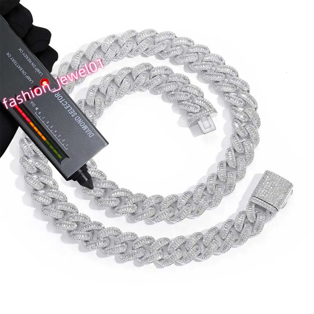 Pass Diamond Tester 15mm Baguette Moissanite Cuban Link Chain 925 Sterling Silver VVS Mossanite Diamond Iced Out Mens Necklace