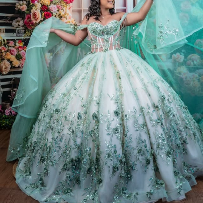 Mint Green Shiny Princess Quinceanera Dresses Off Shoulder Applique Flower Beads Tull With Cape Corset Sweet 16 Dress Ball Gown Vestidos 15 De Anos