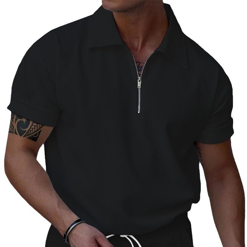 2025 Summer New Corduroy Zipper Polo Shirt Short sleeved T-shirt Men's