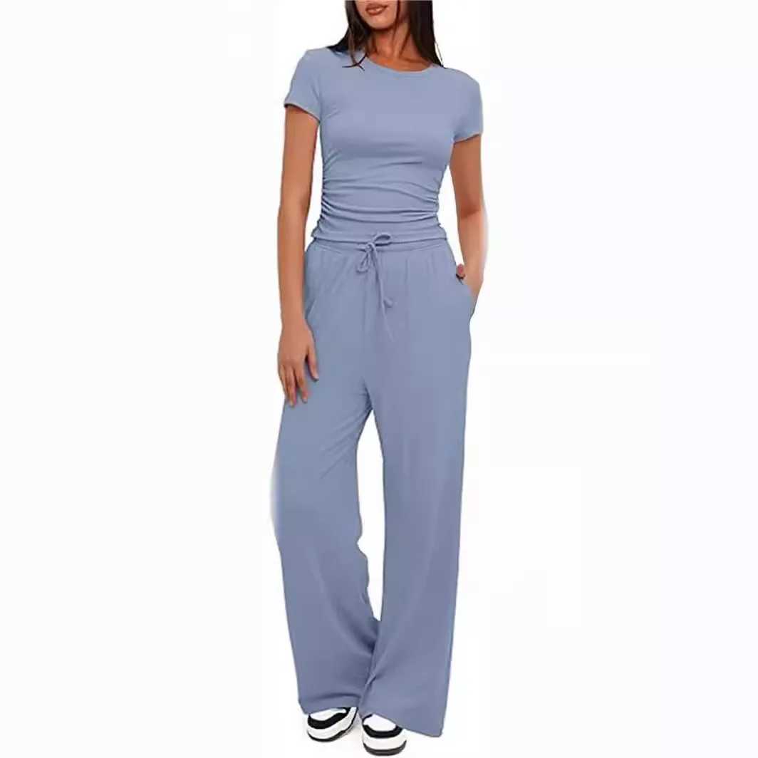 Womens two-piece summer short Sve pleated top with wide legs ultra-thin fashion yoga sportswear matching womens Trouser setXJ250414