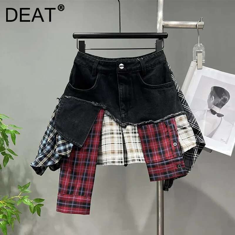 DEAT Vintage Irregular Patchwork Plaid Skirts Denim Short For Women High Waist Wrapped Hip Mini Skirt 2024 Summer Female 16U9004