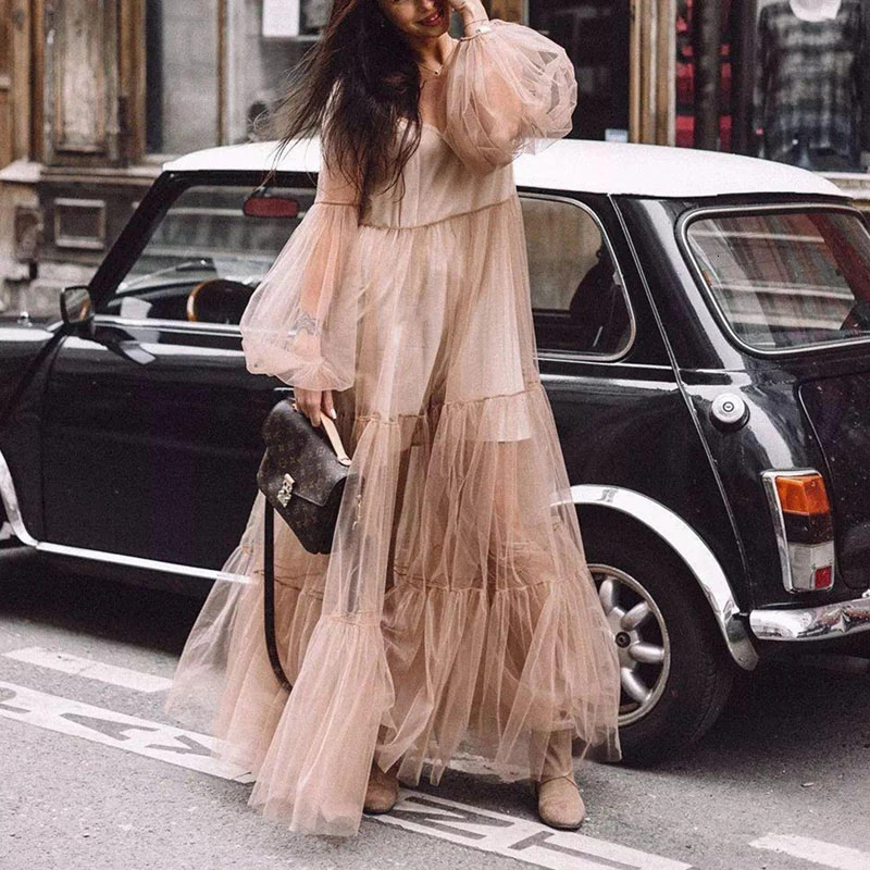 2025 Summer New Womens V-neck Fashion Bubble Sleeve Mesh Transparent Dress Long Skirt