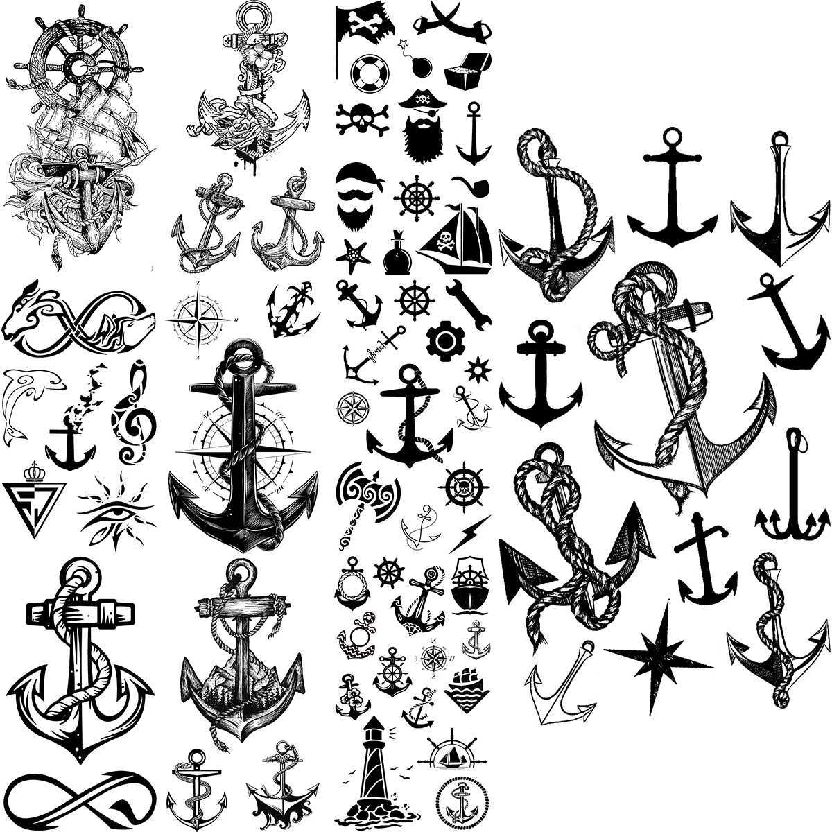 Black anchor temporary tattoo suitable for adults real compass pirate lighthouse unlimited fake tattoo stickers body and arm tattoosXJ25414