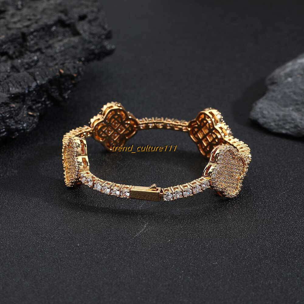 Hip hop spring buckle four leaf clover Moissanite tennis bracelet, high-end and versatile accessory for men's bracelet