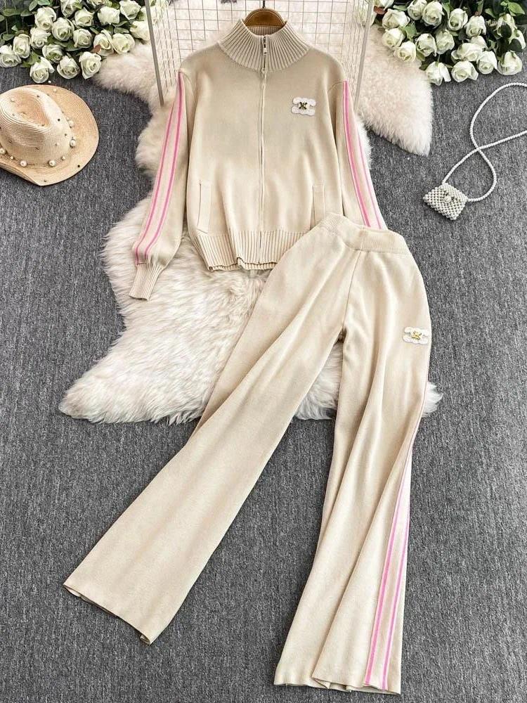 Women's Two Piece Pants Casual Set For Women O Neck Long Sleeve Spliced Pockets Coat High Waist Pant Slim Female 2025