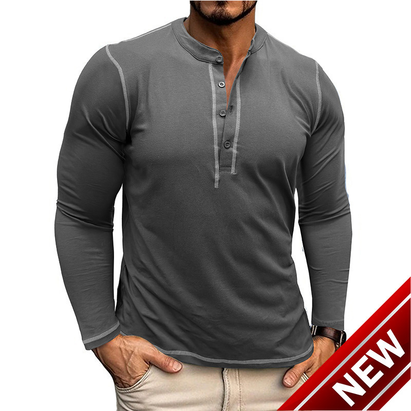 Autumn and winter mens long sleeved Henry shirt mens color blocked round neck T-shirt top