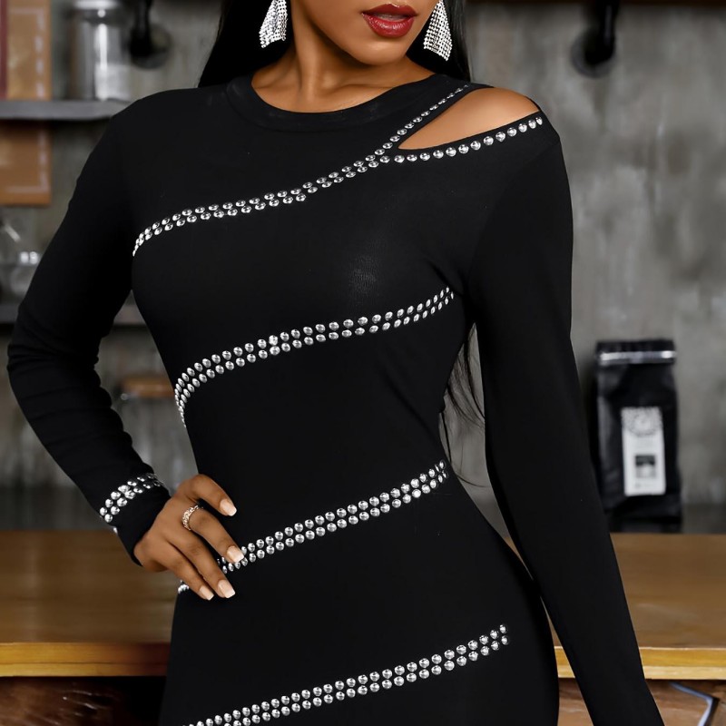 Urban Sexy Dresses Women's Black Rhinestone Striped Bodycon Mini Dress - Long Sleeve Cutout Shoulder Slim Fit Dress, Sparkly Club Party Evening D