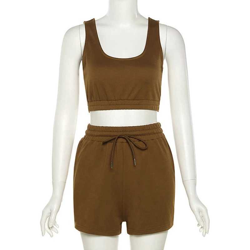 Crop top and Drstring shorts set sexy U-neck fitness vest summer sports casual cycling shorts two-piece set womens clothingXJ250414