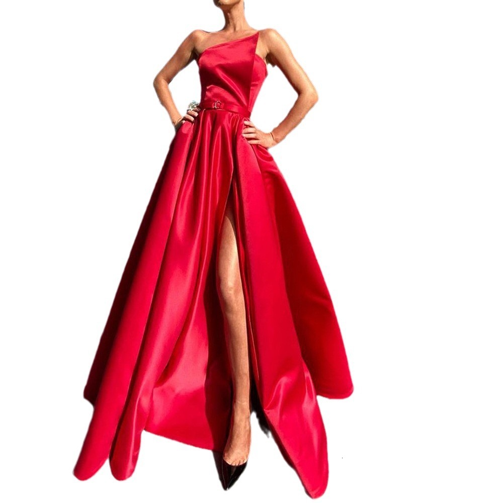 S8927 2025 Summer New Womens Single Shoulder Strapless Dress Long Skirt Sexy Slit and Large Swing Dress