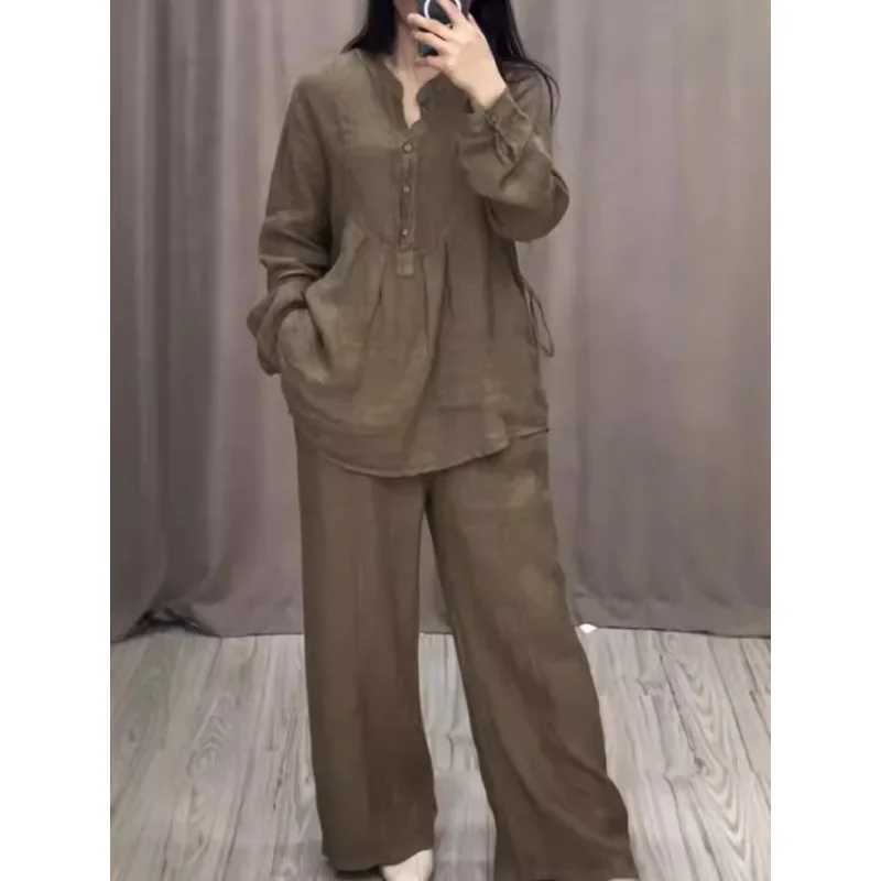 2024 Fashion and Comfortable Sve Cotton Linen Bell Bottom Casual Drstring Autumn Casual Skiing SetXJ250414