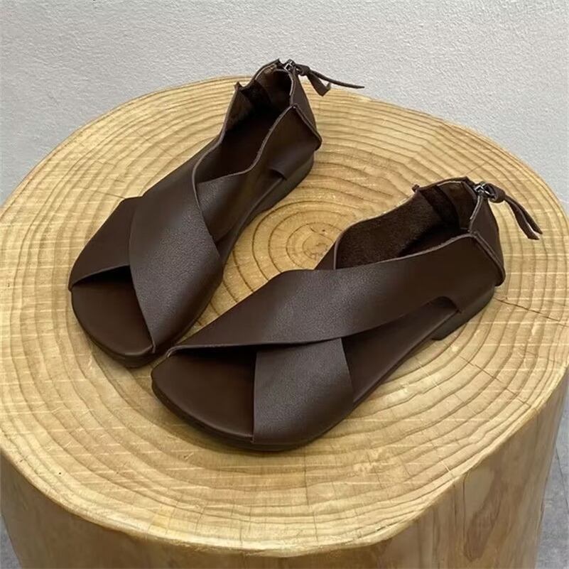 Classics Summer Women Sandals Casual Beach Simple Sandals Solid Color Leather Female Retro Soft Non-slip Roman Ladies Shoes 250411