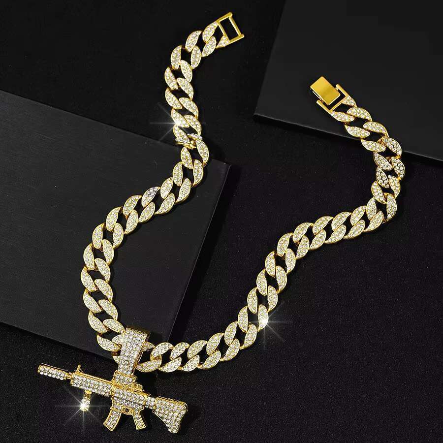 DHCollections Unisex Hip Hop Gun Pendant with Dia Crown-shaped Cuban k Punk Style Necklace Zinc Alloy Buddhism Rope Chain