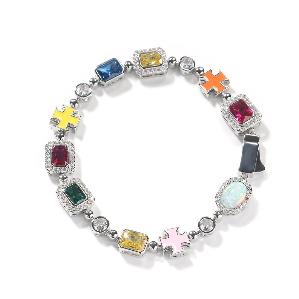 High Quality Hip Hop Colored Gemstone Cross Tennis Chain Necklaces Bracelet Men Women Jewelry